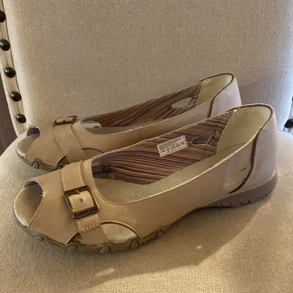 Skechers Originals Peep Toe Bikers Flats Slip On Leather Tan Size 9.5
